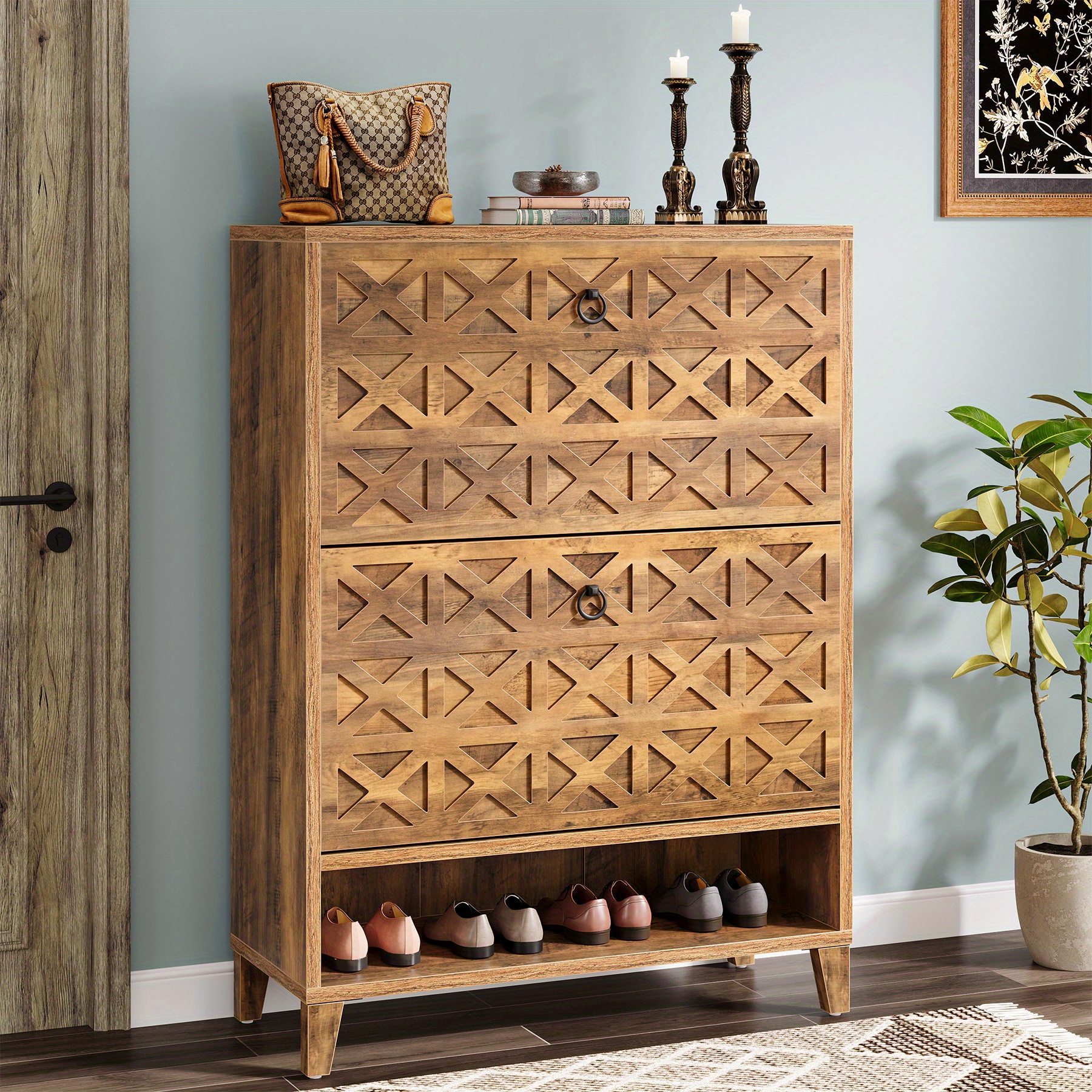 Freestanding Shoe Storage Cabinet With 2 Flip-out Drawers And Adjustable Shelves Narrow Entryway Organizer For Space- Shoe Arrangement Brown