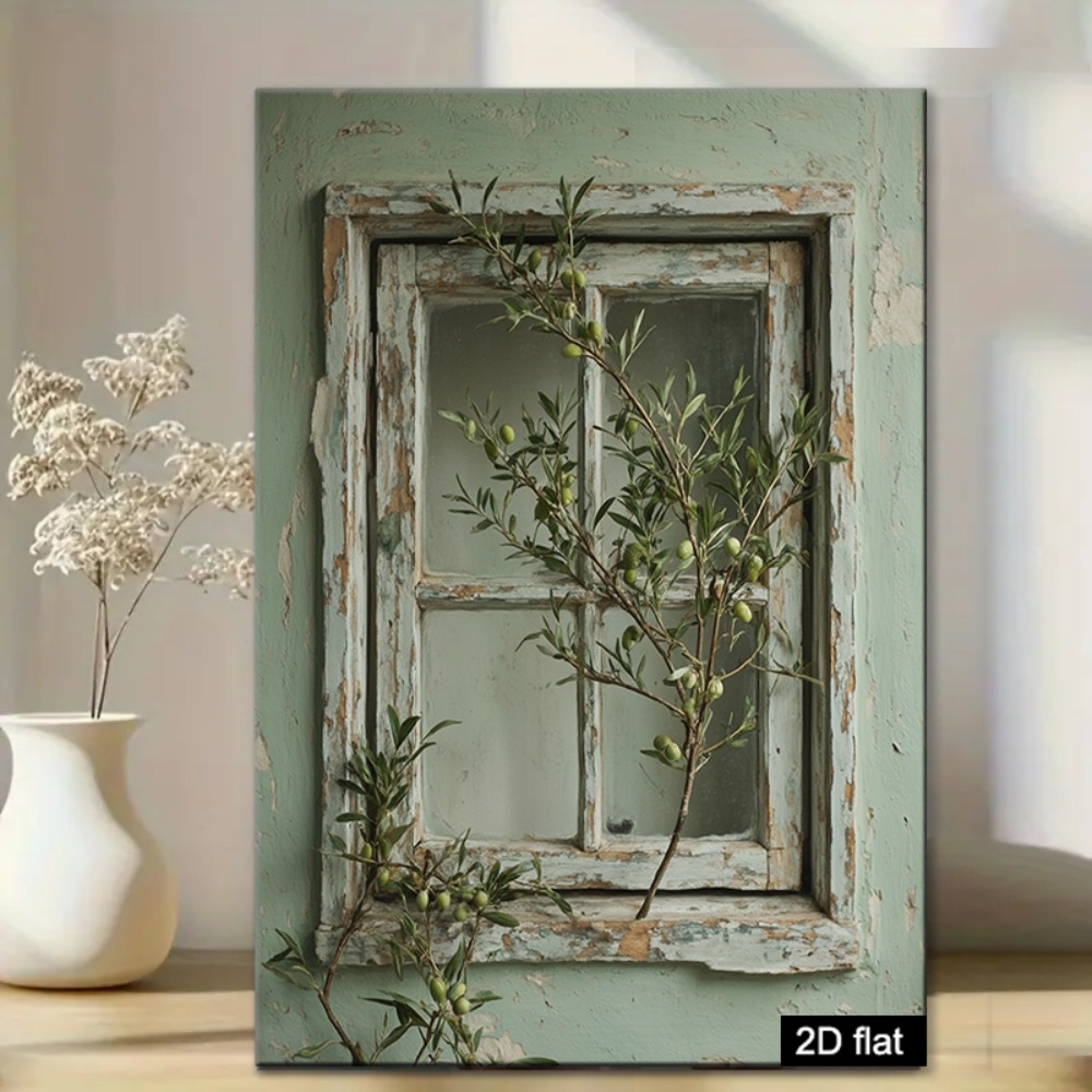 TEMU 2d Flat, 2d Flat, 1pc Framed Canvas, Canvas Wall Art Framed Canvas Wall Art - Sage Tree With Rustic Window Frame, Home Decor For Living Room,