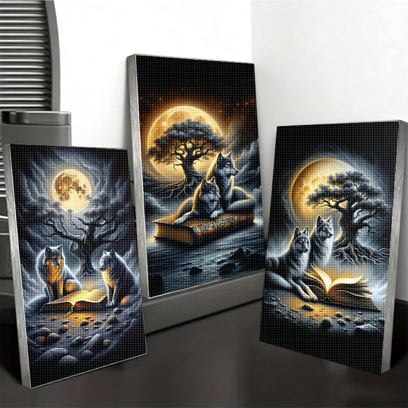 TEMU 3 Sets Diamond Painting Kits, Full Forest Gray Wolf Magic Ancient Book Diamond Painting, Hand Drill Decoration Painting, Living Room Entrance