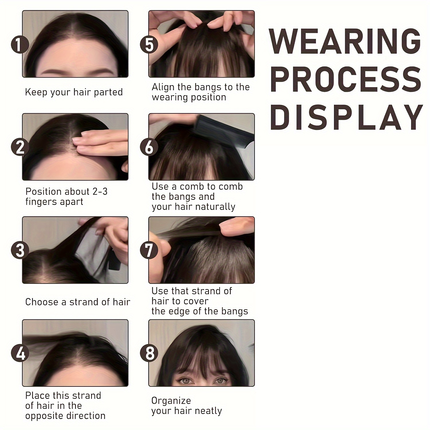 women s clip-in human hair bangs - natural look front fringe extensions, easy to apply no   needed, dark brown/black/, straight hairstyle for everyday &   - salon-quality hairpiece for added volume & dimension details 8