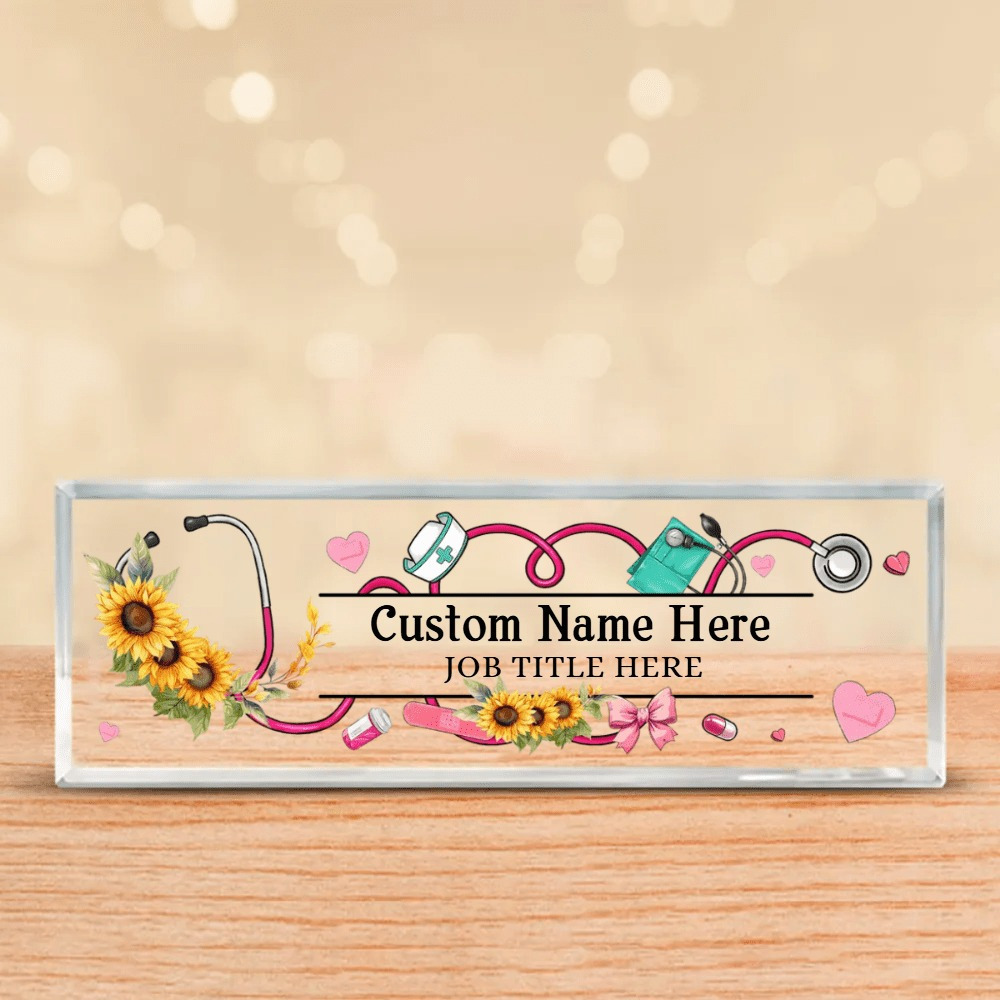 TEMU Custom Acrylic Nurse Name Tag - Personalized Desk Decor With Sunflowers, Stethoscope & Medical Symbols, Ideal Gift For Nurses, Healthcare