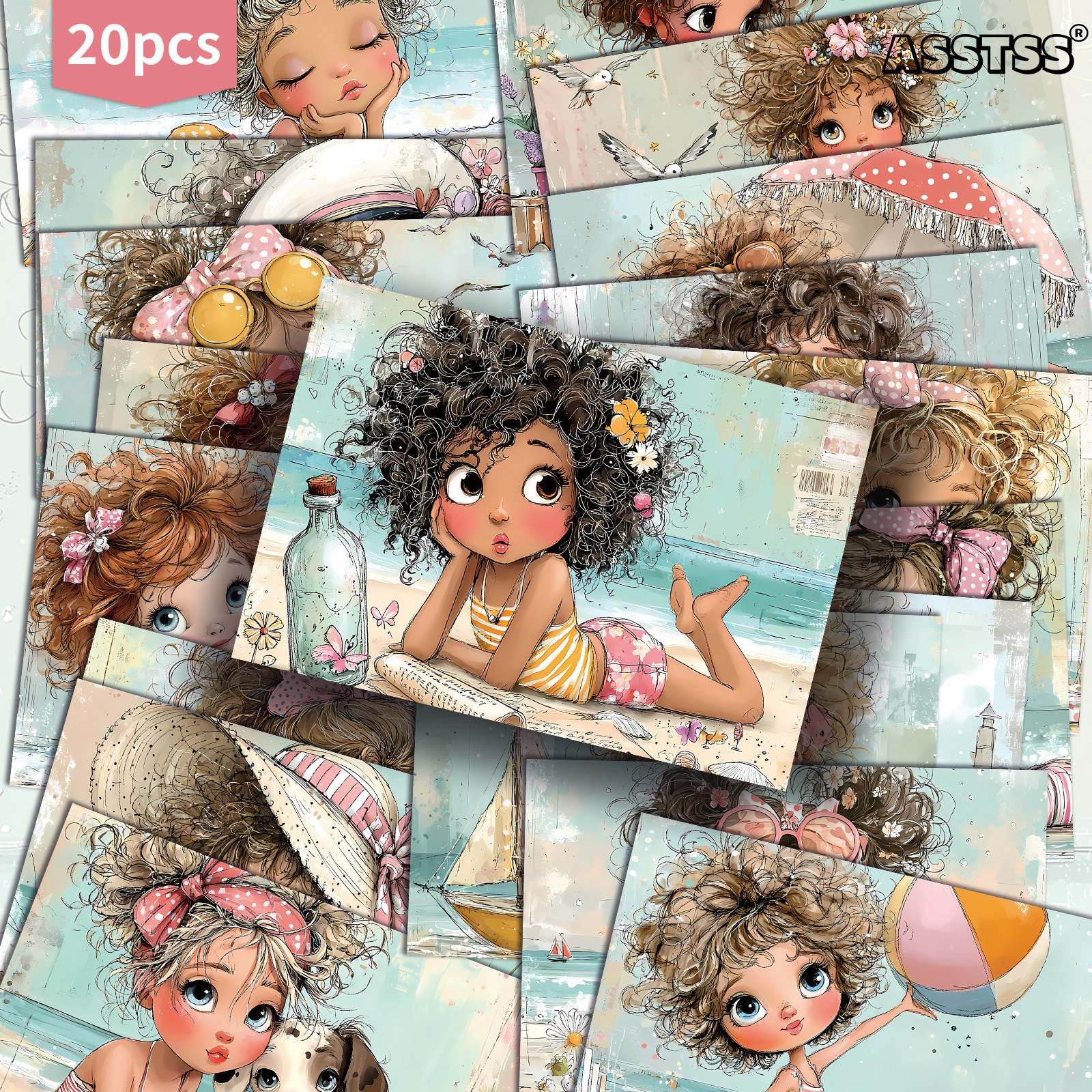 TEMU Paquete de 20 postales ASSTSS de chica de playa vintage - 4x6 pulgadas, suministros retro para diario de , ilustraciones clásicas de , tarjetas
