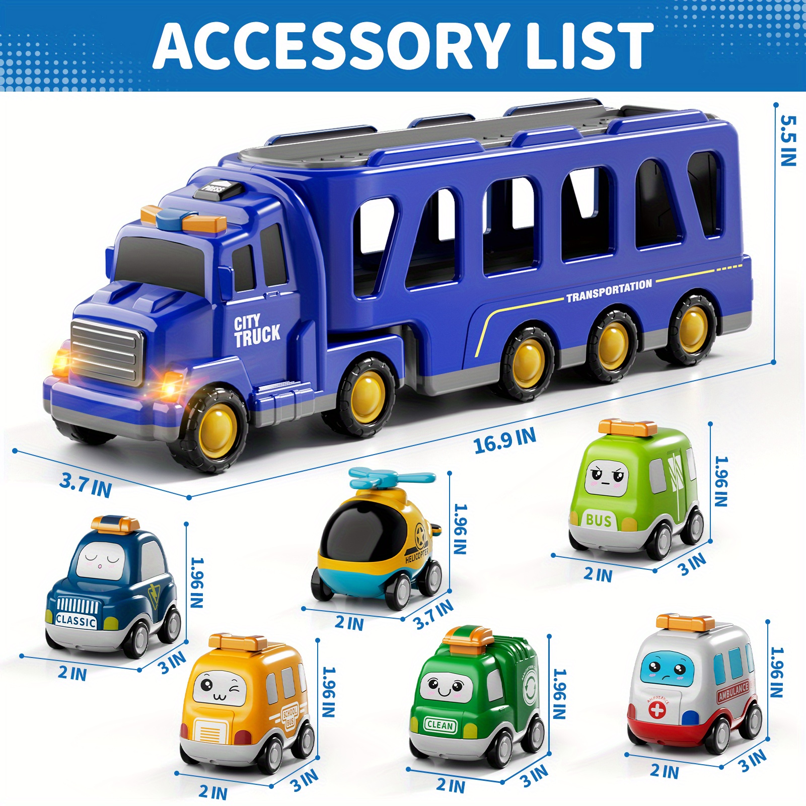 TEMU Camion de Construction Transporteur 16,9 Pouces avec 6 Voitures Cartoon, Jouets Camions Lumineux et Sonores – Cadeau d'Anniversaire pour Garçons