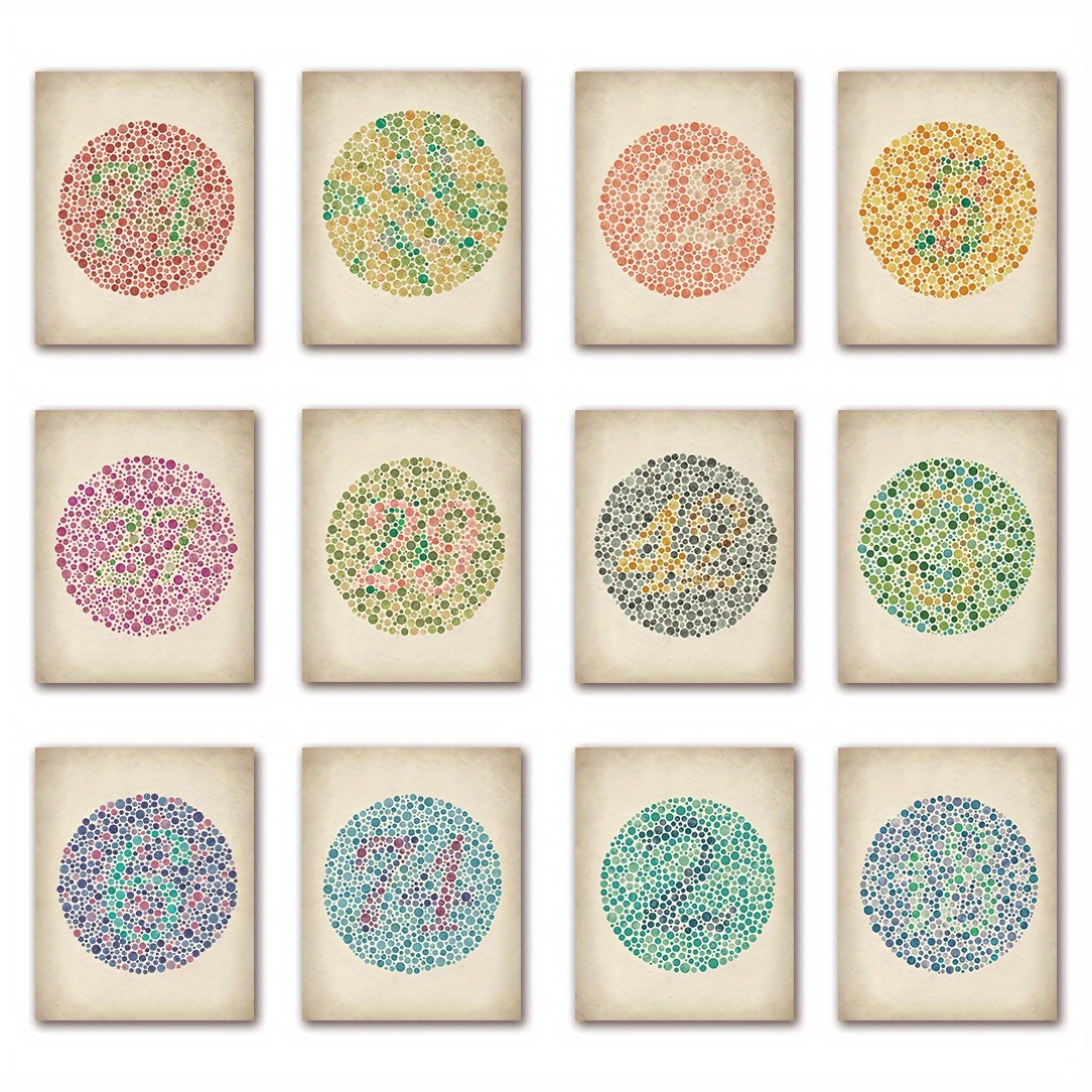 TEMU Frameless 12pcs Retro Ishihara Color Test Poster Set, Eye Test, System Check Chart, Gift, Gift, Office Decoration, Home Self Testing Color And ,