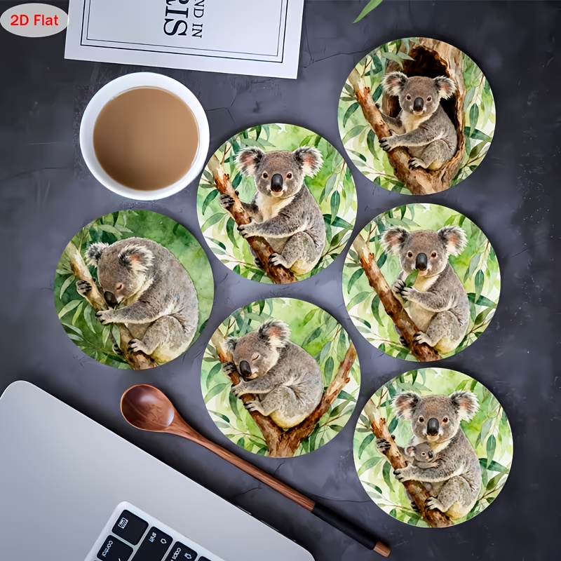 TEMU 2d Flat Printed/6pcs, Koala Pattern Wooden Coasters, Coasters, Suitable For Bars, Family Gatherings, Cafes, Offices, , Home Decor Holiday Gifts,