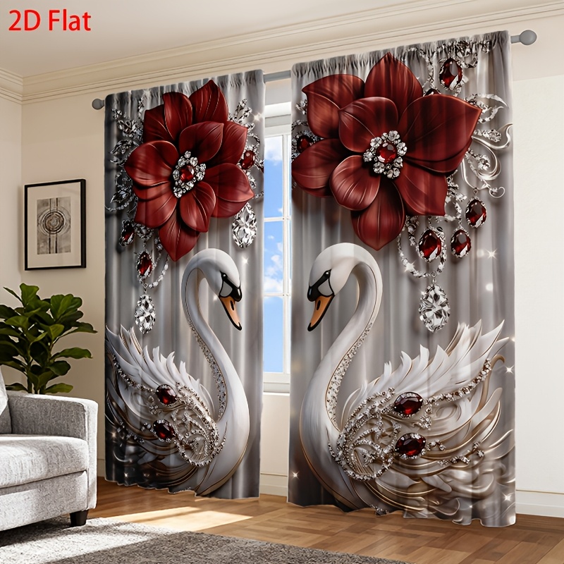 TEMU 2d Flat, 2d Flat Print 2d Flat - 2d Flat - 2d Flat 2pcs Swan Gem Flower Theme Curtain Set Valentine's Day Decoration High Quality Curtains Room