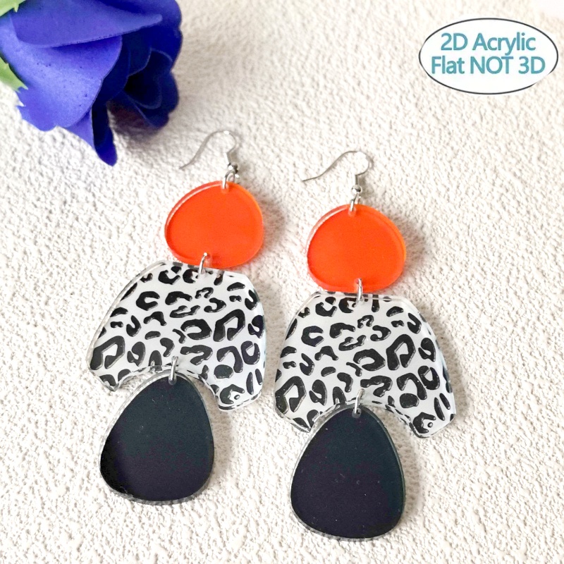 Women's Long Acrylic Earrings with Red Leopard Print, Bold Style