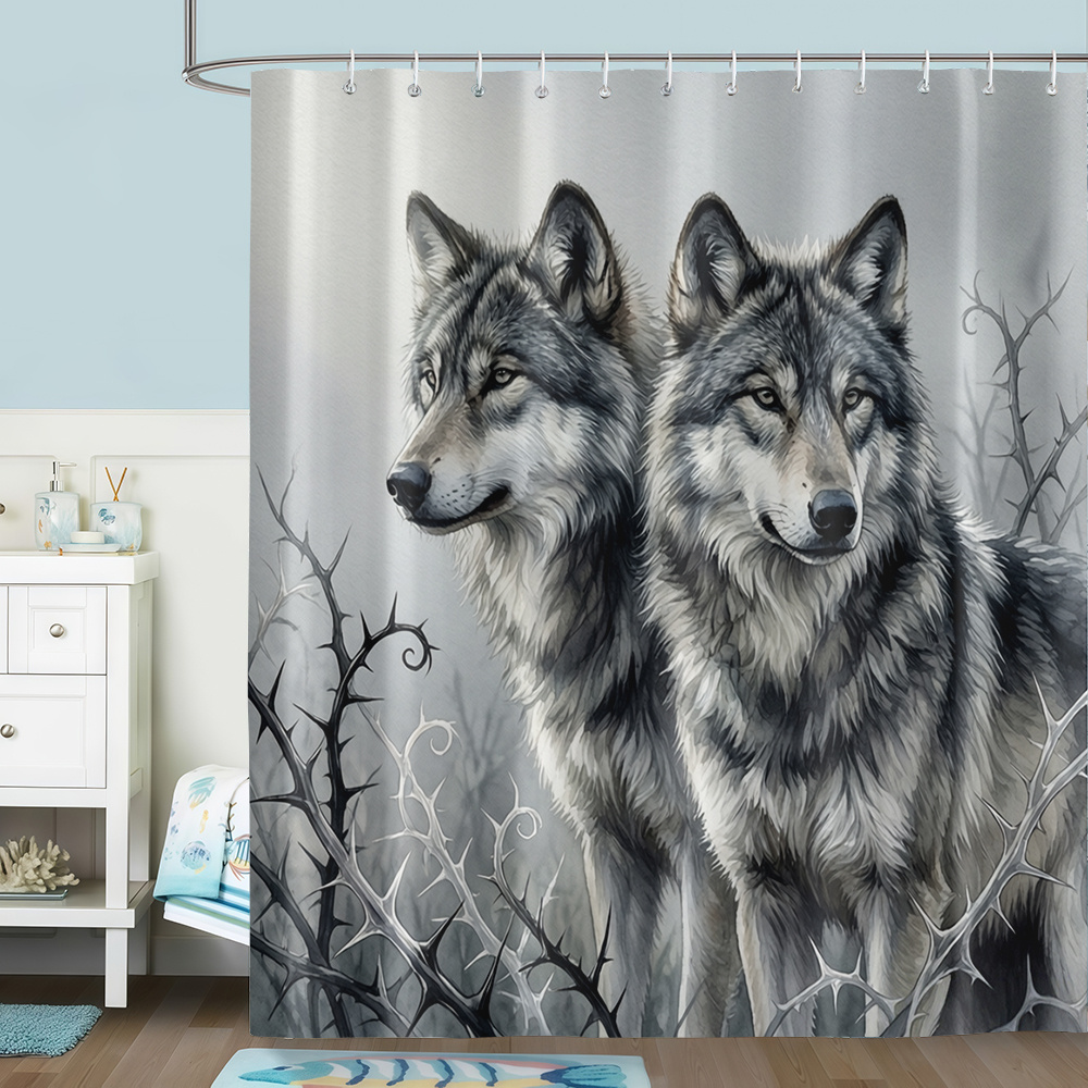 TEMU 1 Wolf - Pair Pattern Printed Shower Curtains, Realistic - Style Home Decor Bathroom Curtains, With 12 Hooks, Suitable For Window, Wall, Bathtub