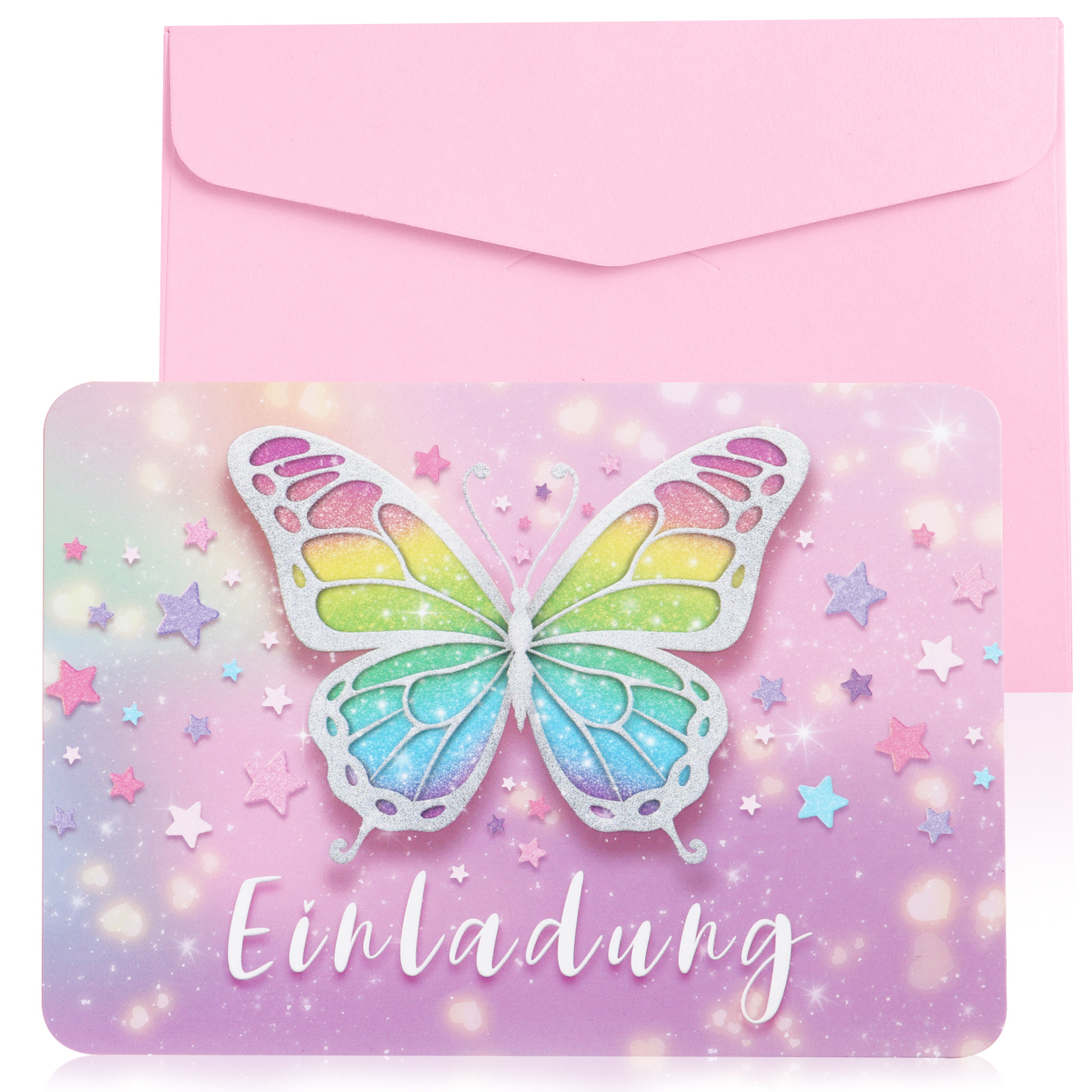 Image of Matte-grain -themed Invitation Card, With Colorful Rounded Edges Design, Accompanied By A Pink Envelope - Suitable For Birthday Party Decorations With And Floral Themes