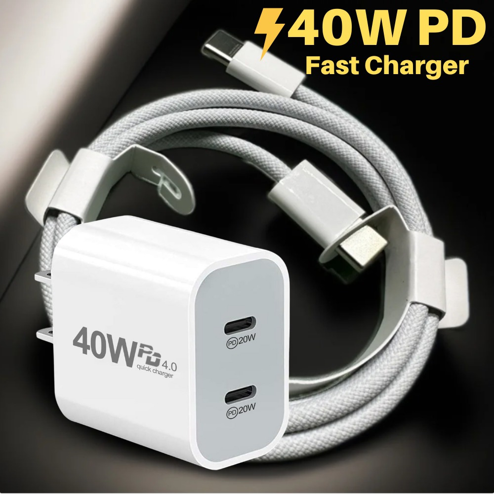 

1pc 40w Pd Usb-c Fast Charger With 3ft Cable, Universal Power Adapter For Iphone 15 16, Ipad, Xiaomi, 110v/220v Dual Voltage, Us Plug, Charging, Connector, 3x Faster Than 20w Pd