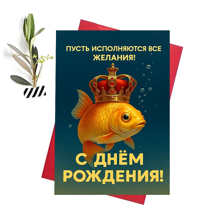 E-shop Eine einzelne "Happy Birthday"-Karte mit einem goldenen Fisch, der mit einer königlichen Krone verziert ist, ideal zum Ausdrücken von besten