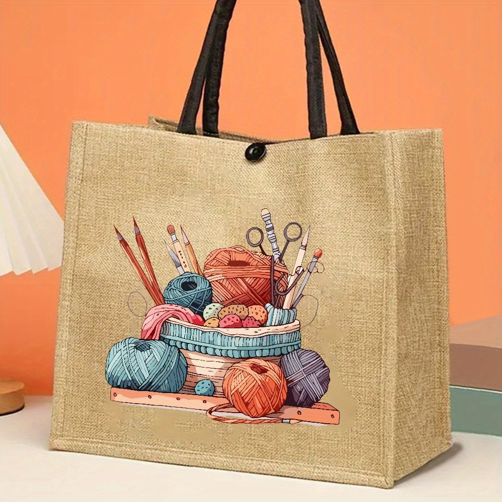 E-shop Große Kapazität Jute Tote Tasche mit lebendiger Strick- und Häkel-Design - Langlebig, Trendig und für Outdoor-Picknicks,