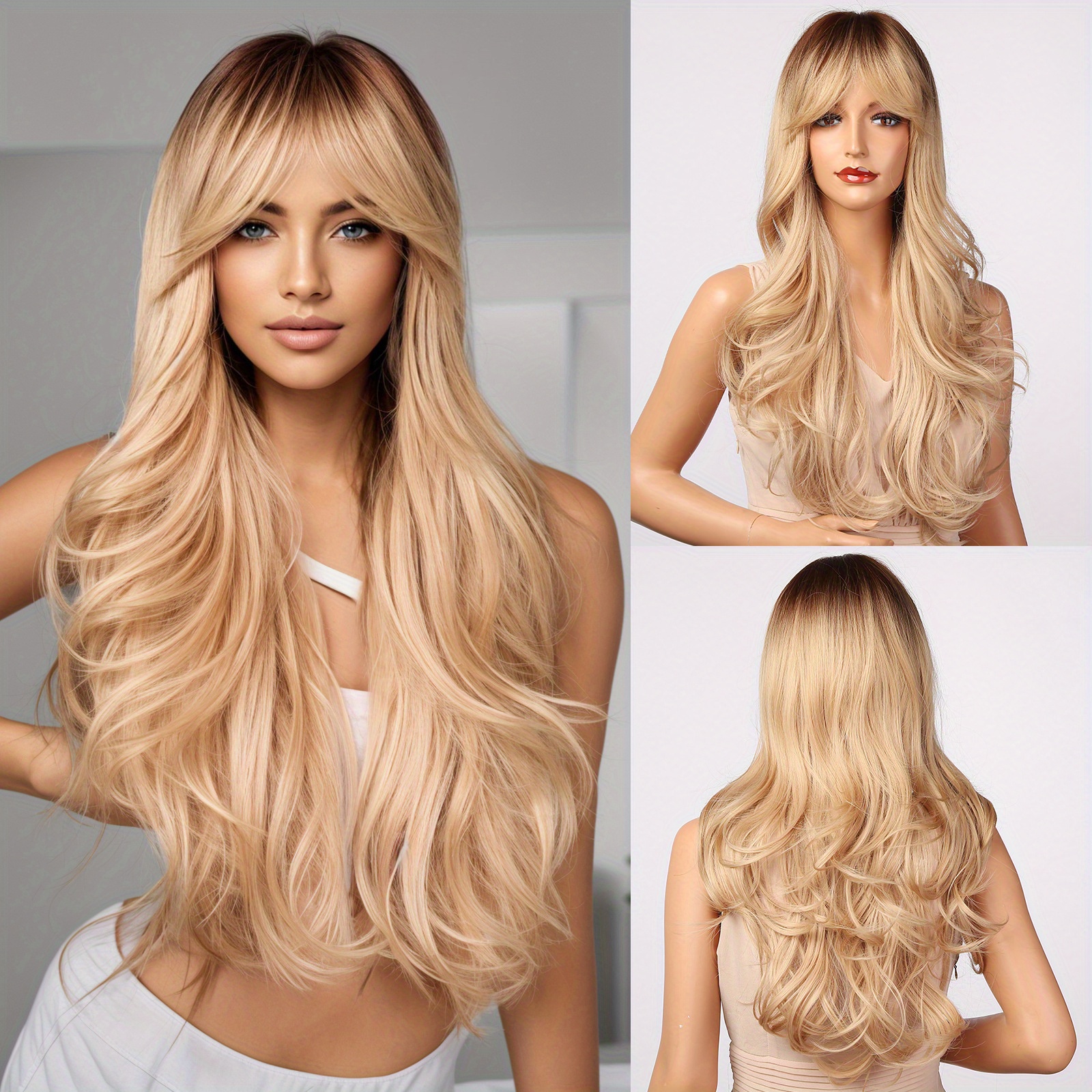 Women\'s Blonde Heat Resistant Long Curly Wavy Synthetic Wig with Bangs Size 26In Synthetic Wigs Long Curly Blonde Wig With Bangs 26 Inch Long  main image 2