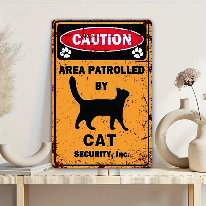 TEMU 2D Plat - Plan 2D, Style Vintage "Avertissement : Cette Zone Est Patrouillée par des Chats, un Cadeau Humoristique pour des Animaux, Décoration