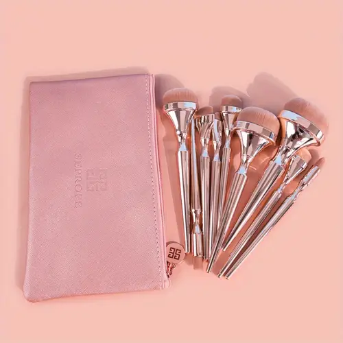 9pcs nylon bristle makeup brush set with one pink bag oval shaped unfragranced abs plastic handles for all light beige types powder blush eyeshadow brushescs