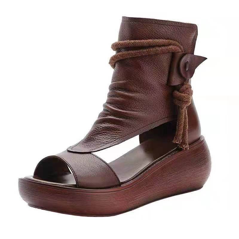 Image of Women's Cutout Ankle Wedge Boots, Side Hollow Platform High Top Roman, Drawstring Back Zipper Casual Walking Shoes, Women Shoes