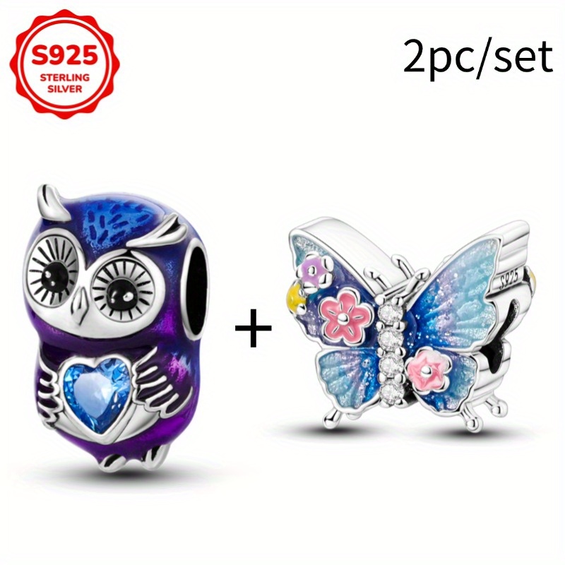 2pcs 925 Sterling Silver Owl Heart-shaped Beaded Flower Beaded Women's Fashion Suitable Bracelet Necklace Engagement Birthday Gift