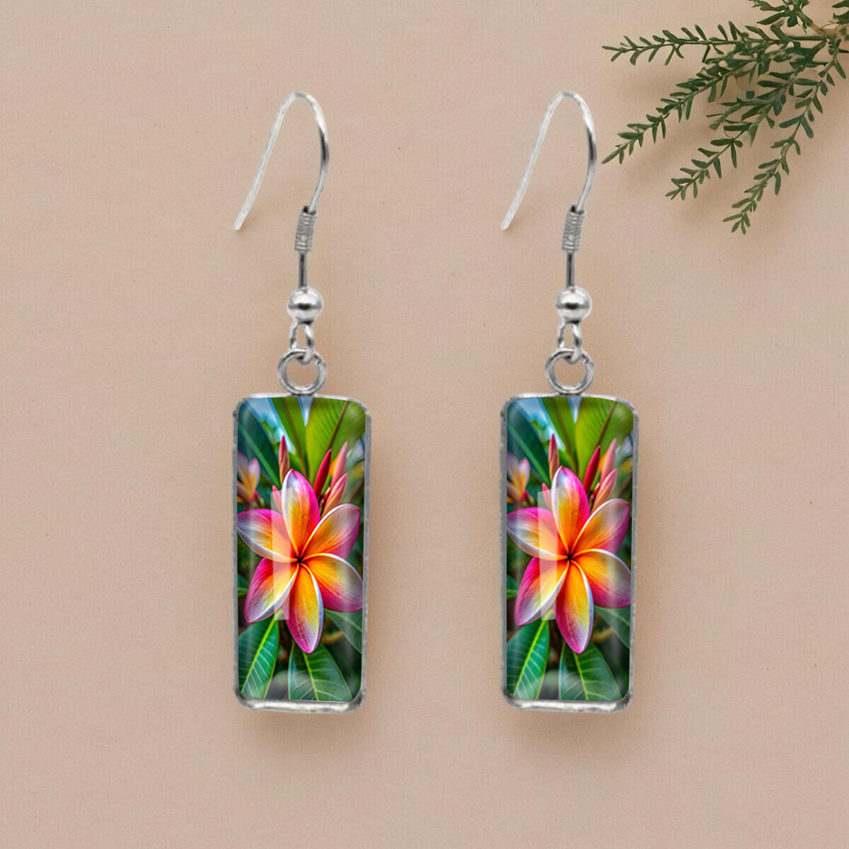 TEMU Tropical Style Plumeria Flower Picture Rectangular Fish Hook Earrings Fashion Accessories Gifts