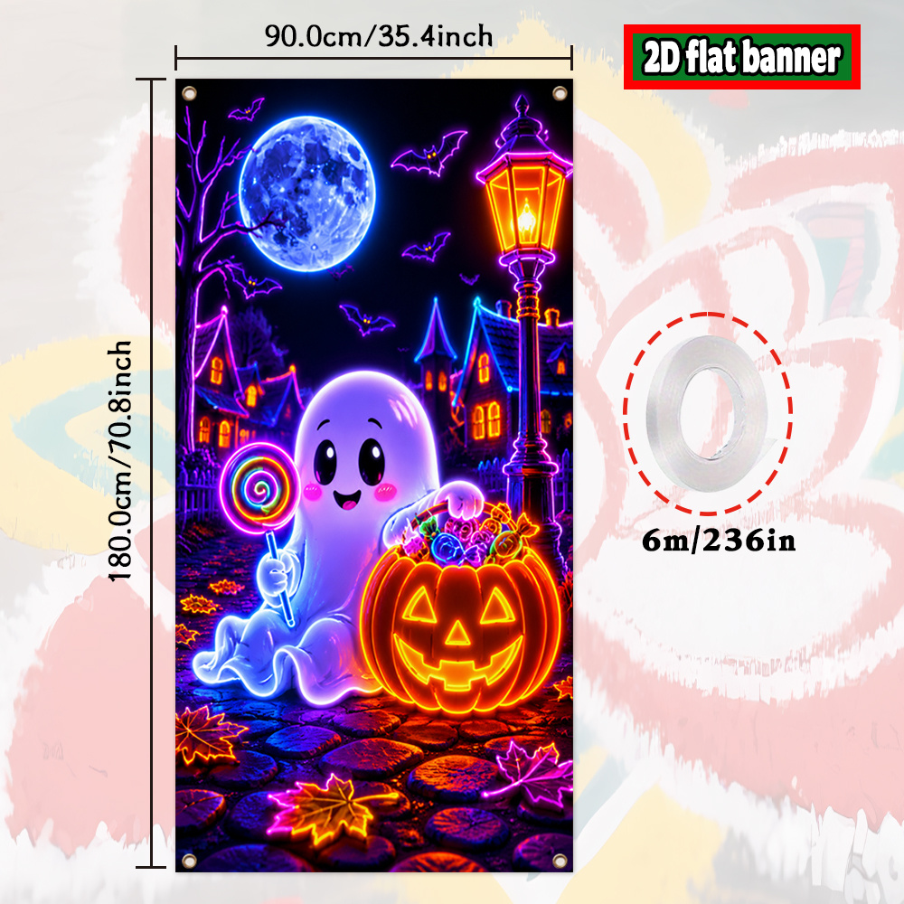 TEMU Plat 2D, Bannière Plate 2D, 1 pièce, Bannière de Porte Fluorescente UV sur le Thème d'Halloween, Phosphorescente avec Bannière Panier à Bonbons