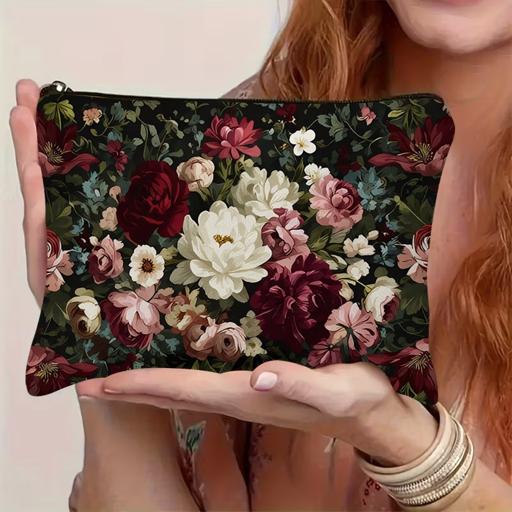 TEMU 1pc Women' Elegant Peony & Rose Cosmetic Bag - Dark Tone Floral Print Zipper Closure Toiletry, Durable Polyester Travel Clutch Suitable For,,
