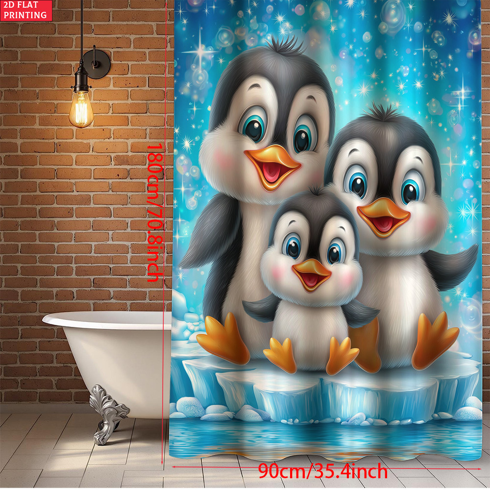 TEMU 2d Flat, 2d Flat 1pc Penguin Family Pattern Shower Curtain Set, Shower Curtain With 6/12 Hooks