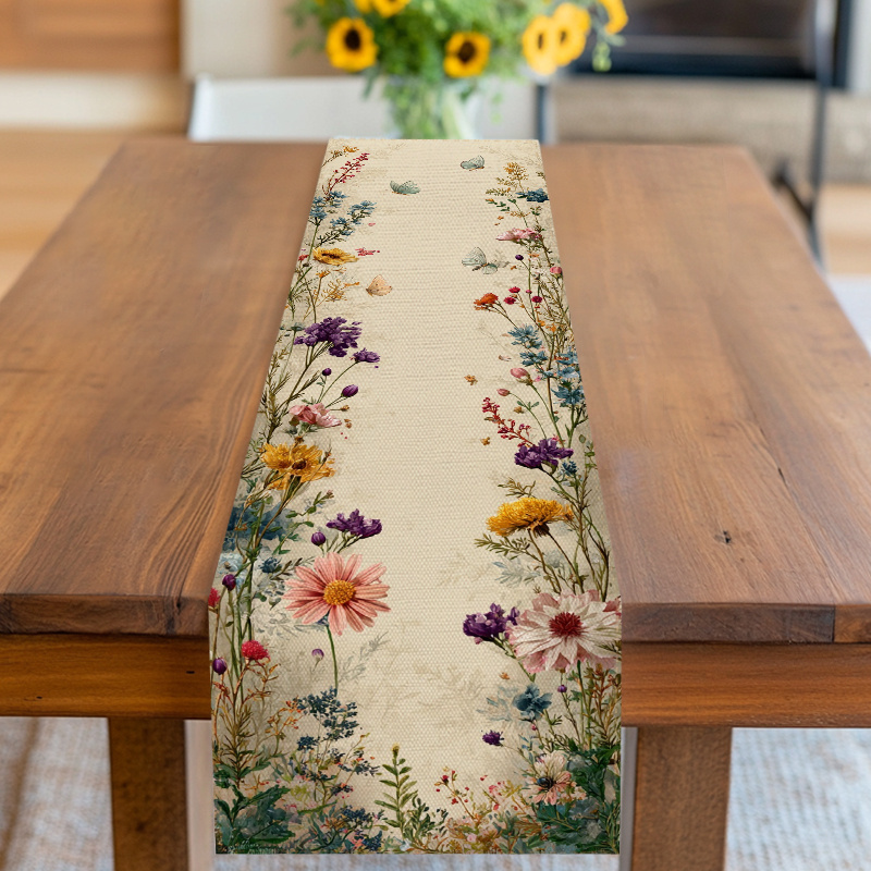 E-shop Tischläufer, Tischdecke, Blumen- und Schmetterlingsdesign mit Naturelementen, weicher Beigeton, für Frühling, Muttertag, Hochzeit, Jahrestag,