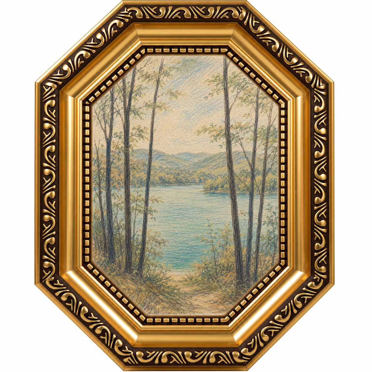 item picture 2d flat 1pc vertical framed retro golden octagonal wall art pastel lake mountain canvas painting suitable for living room cozy apartment decor outdoor vertical hanging picture vintage nature scenery gift for bedroom dining room aesthetic