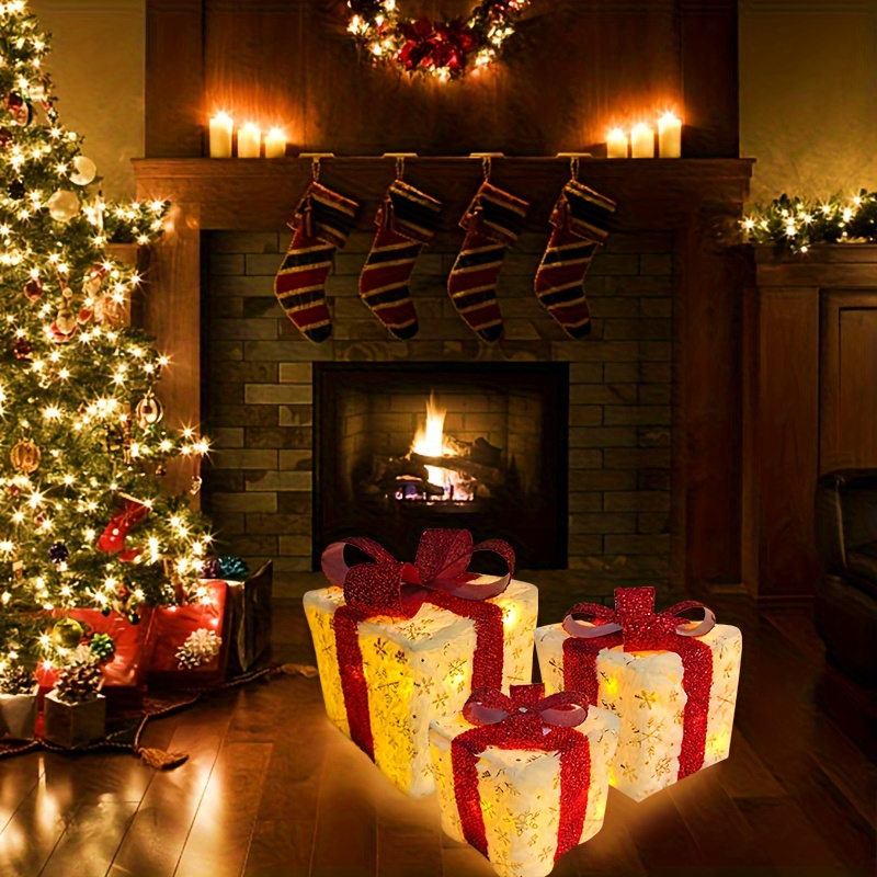 3pcs Plush Christmas Glowing Gift Box, Christmas Red Bow Gift Box, Christmas Party Gift Box with Golden Snowflakes, Suitable for Christmas Tree, Holiday Decoration, Home Decoration, Christmas Celebration Gifts, Collectible Buildings & Accessories, Best for Christmas, Christmas Light Gift Box, Christmas Decoration, Christmas Stuff Cheap, Christmas Village, Christmas Home Decoration