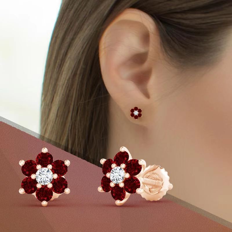 TEMU Elegant Red Flower Earrings With Sparkling Rhinestones - Perfect For Valentine's Day, Anniversaries, Birthdays & Weddings - Alloy & Stainless