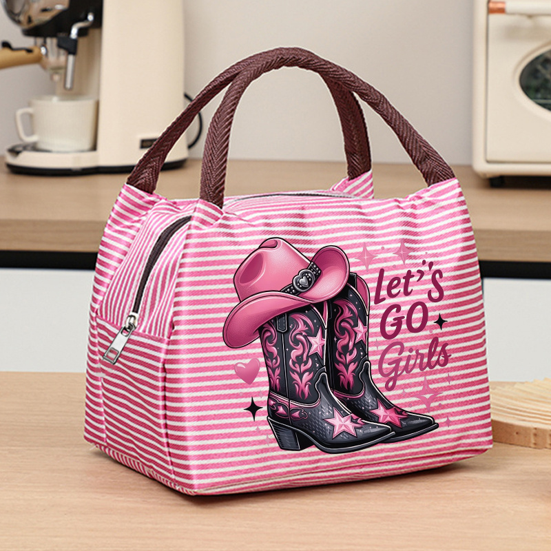 TEMU Pink Western Cowgirl Tote Bag, Boots And Hat Pattern Striped Handbag, Lightweight Zipper Top Open Portable Daily Wallet, Suitable For Country