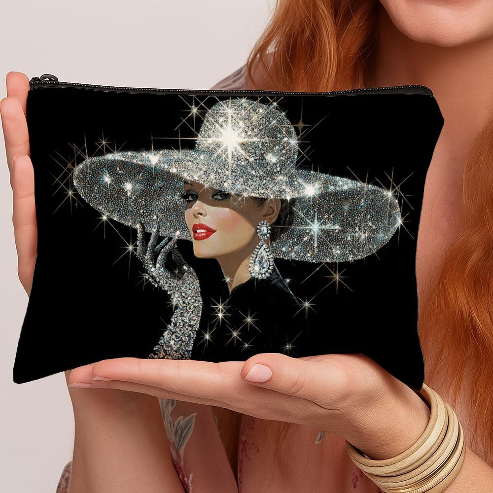 E-shop 1 Stück Glamouröse Toilettentasche mit süßem Muster – Damen Glitzerhut – Porträt Metallic Schwarz Make-up-Tasche, Damen Tasche, Großes