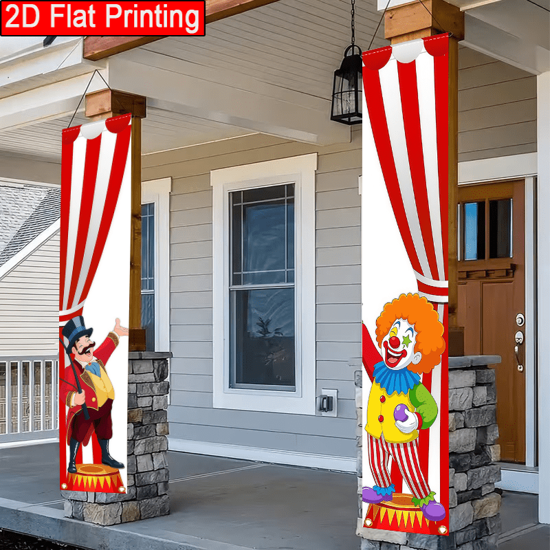 TEMU 2d Flat, 2pcs 2d Flat Polyester Circus Carnival Porch Banner Welcome To The Carnival Door Flag Decorations For Festive Birthday Parties Supplies