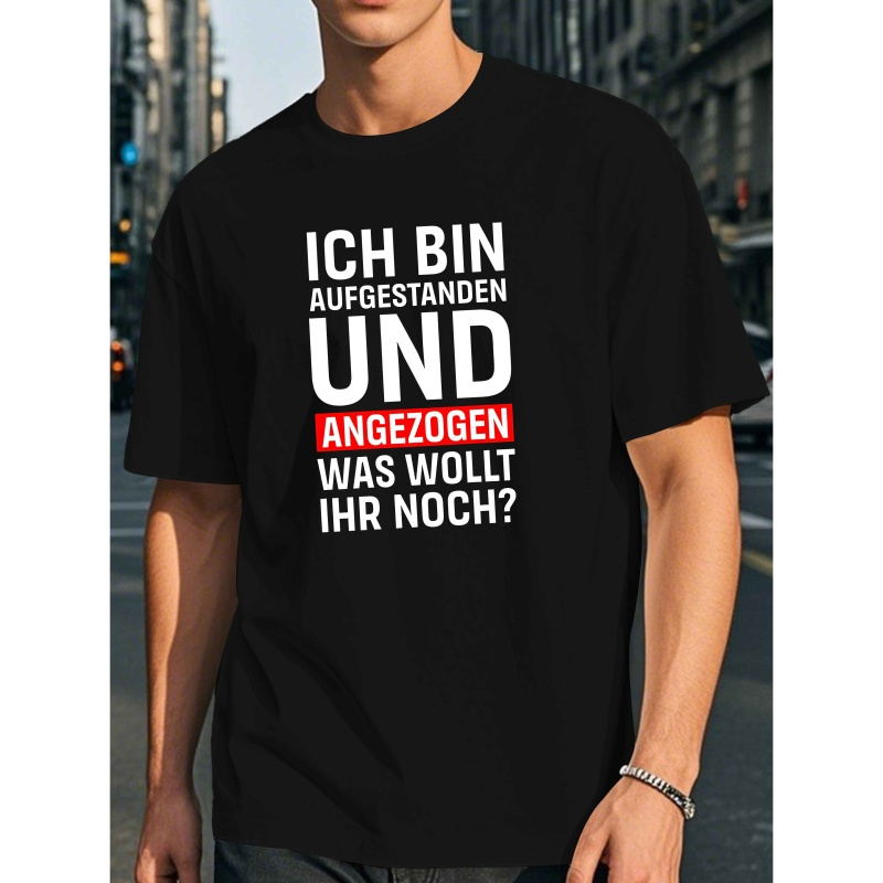 

Men's Casual Summer T-shirt - Short Sleeve, Round Neck, Geometric Print In Blue With Humorous German Quote " Angezogen Worden", Lightweight Polyester, Machine Washable