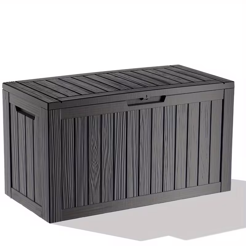 82 Gallon Wood Grain Resin Deck Box - Lockable Outdoor Storage Container