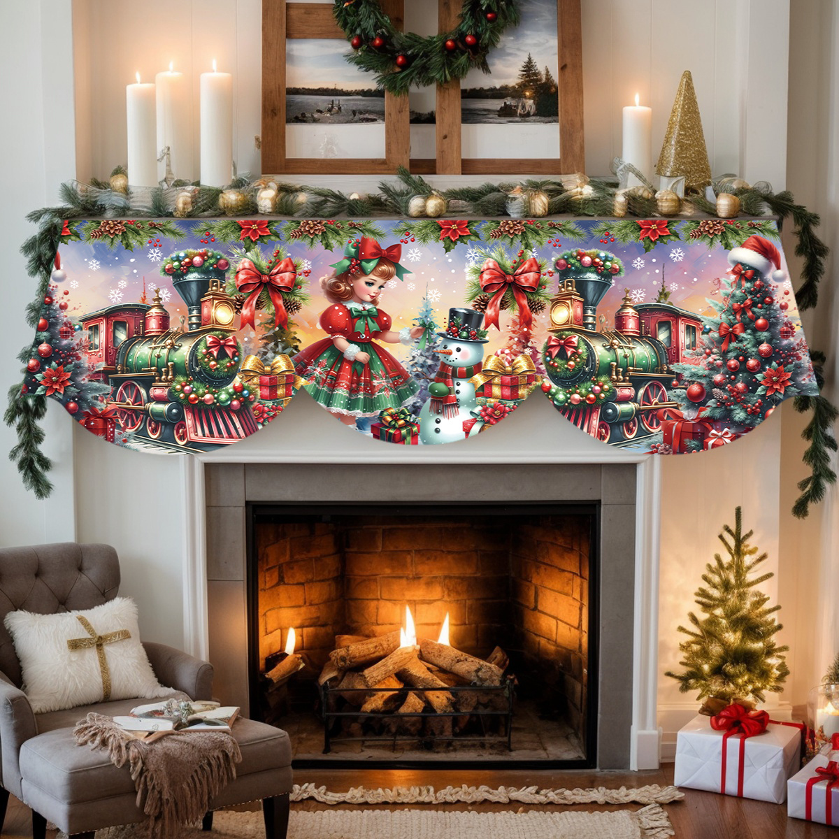 Image of 1pc Christmas Theme, Snowman Little Girl Red Fireplace Scarf, Fireplace Decoration, Holiday Party Supplies, Gift, Table Flag, Banner, Hearth Cover, Suitable For Living Room Fireplace Door Window Decor