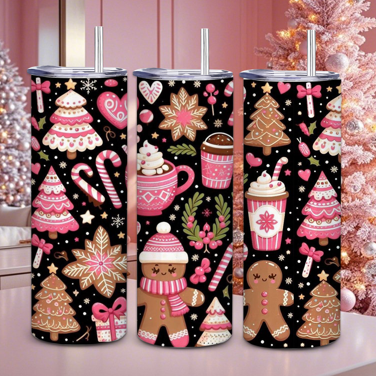 TEMU -ounce Stainless Steel Vacuum Cup Featuring A Pink Gingerbread And Christmas , With A Double Wall For Insulation, A Lid, And A Straw. It Maintains Heat For And Cold For 12 Hours