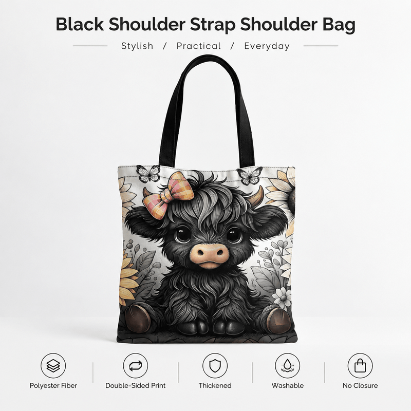 TEMU 1pc Women's Handbag, Double-sided Printed Vintage Scottish Highland Cow Tote Bag - Large Capacity Shoulder Strap Single Shoulder Bag With