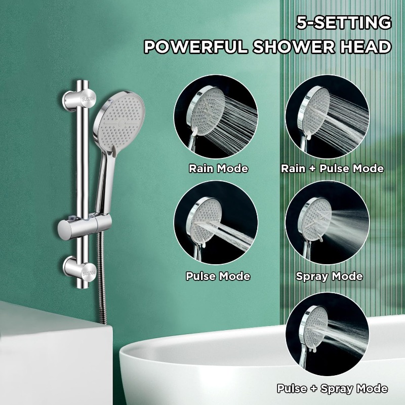 42CM Adjustable Shower Riser Rail Set with 5-Function Handheld Showerhead