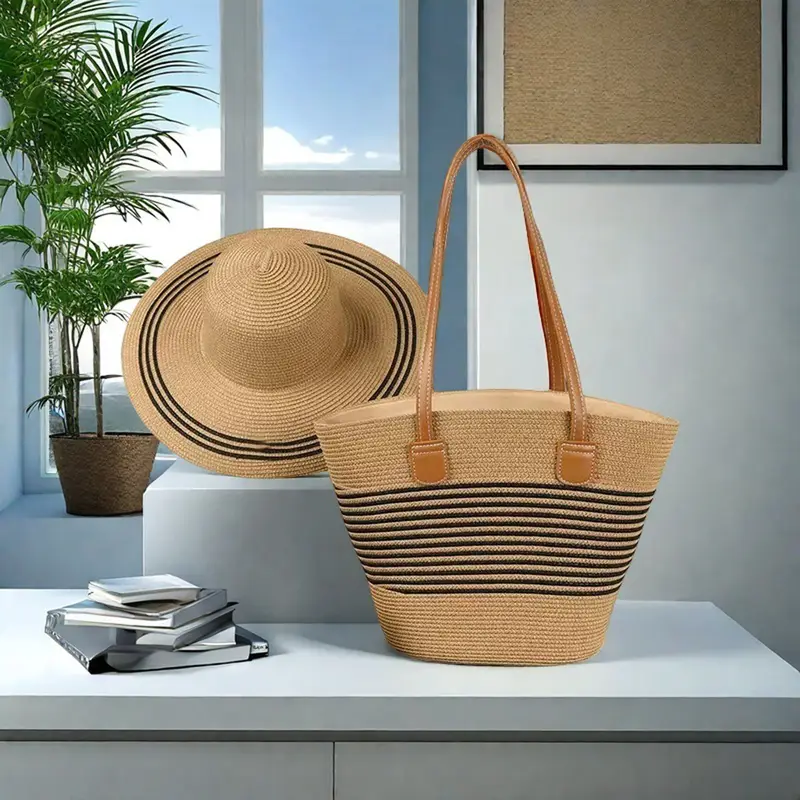 chapeau de paille pour femmes avec sac , chapeau de plage rayé dété à large bord et protection solaire pour en extérieure détails 7