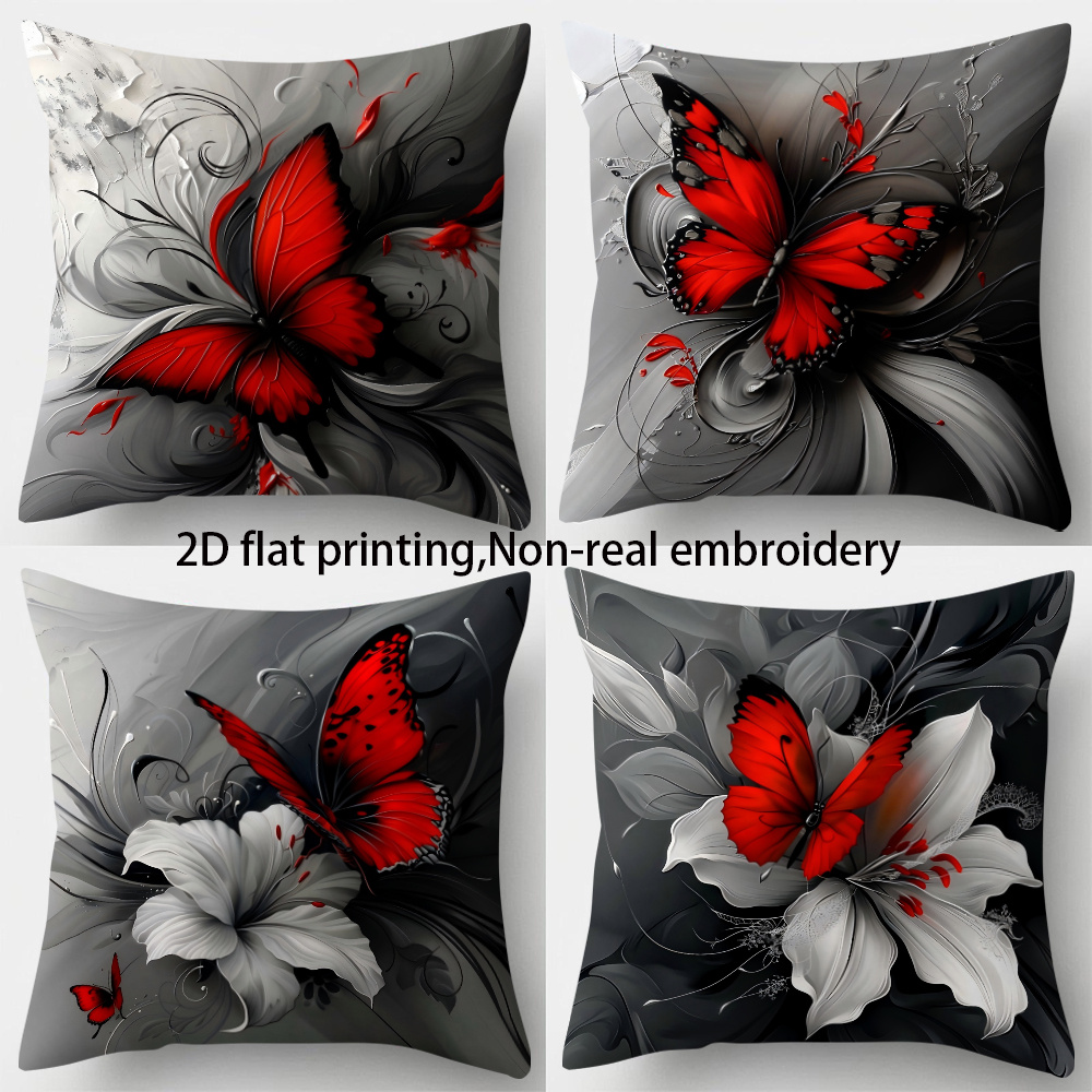 TEMU 2d Flat Printing 4pcs Set Non-real Embroidery Fashionable And Beautiful Red Flower Pillowcase 17.7 Inches * 17.7 Inches Single-sided Printing
