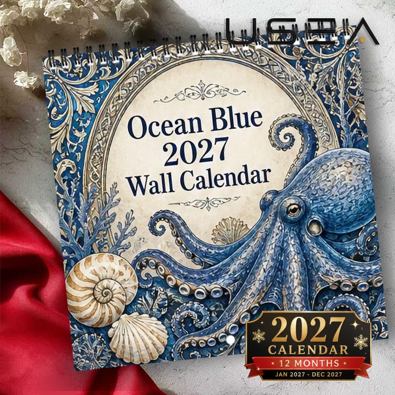 TEMU Calendrier mural 2027, Calendrier mural bleu océan 2027, Calendrier suspendu 12 mois avec reliure spirale à double fil, Grands blocs d'écriture,