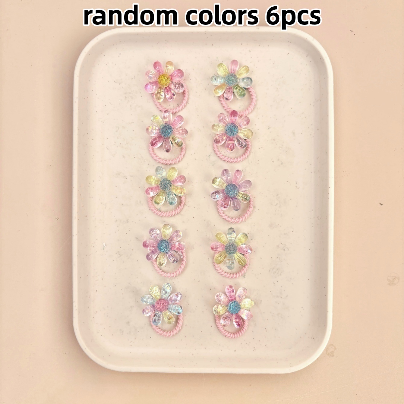 TEMU 6pcs Girls' Random Iridescent Five-petal Flower Hair Ties, Three-dimensional Petal And Core Hair Rings, Transparent And Colorful Multi-style