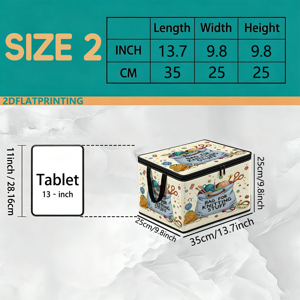TEMU Cartoon Hand-knitted Sewing Tool Bag Pattern 2d Flat Print, Soft Fabric Large Capacity Foldable Clothes Organizer Box With Zipper Handle,