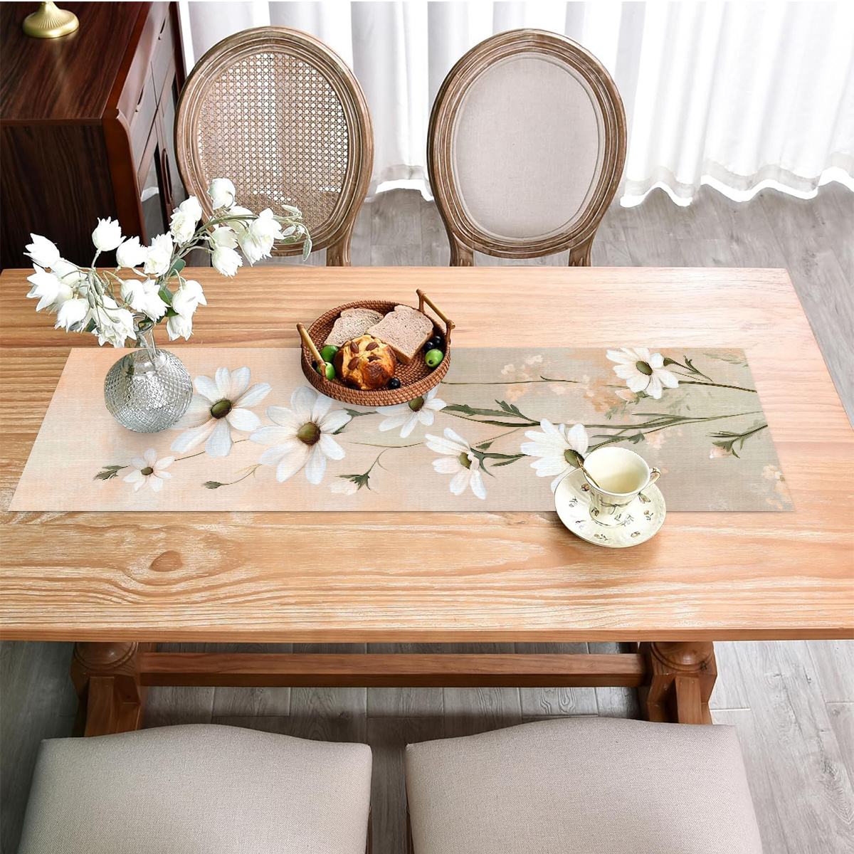 Image of Chic Beige & White Daisy Table Runner - Nordic Style, Perfect For Decor, Romantic Accent For Living Room & Entryway, Living Room Decor, Floral Pattern, Shoe Cabinet