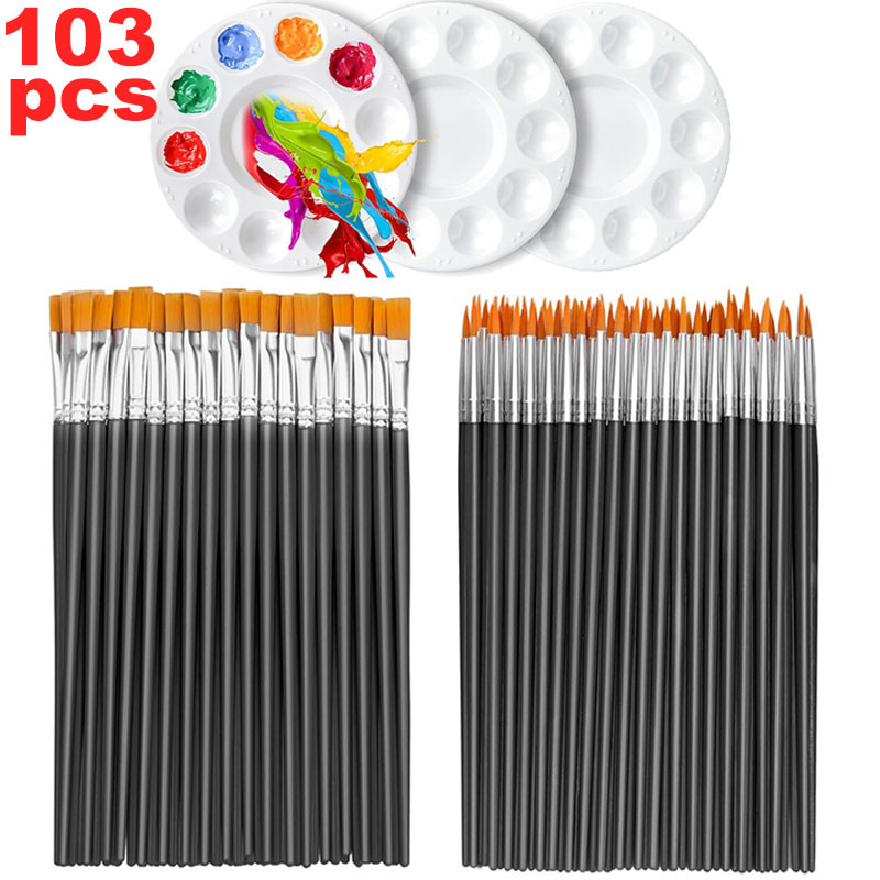 Image of 103pcs Bulk Small Paint Brushes With Flat Tip Round Nylon Bristles Suitable For Acrylic Watercolor, Face Painting, Canvas, Classroom Supplies, For & - Nylon Brushes For Artists, Hobbyists, Touch-
