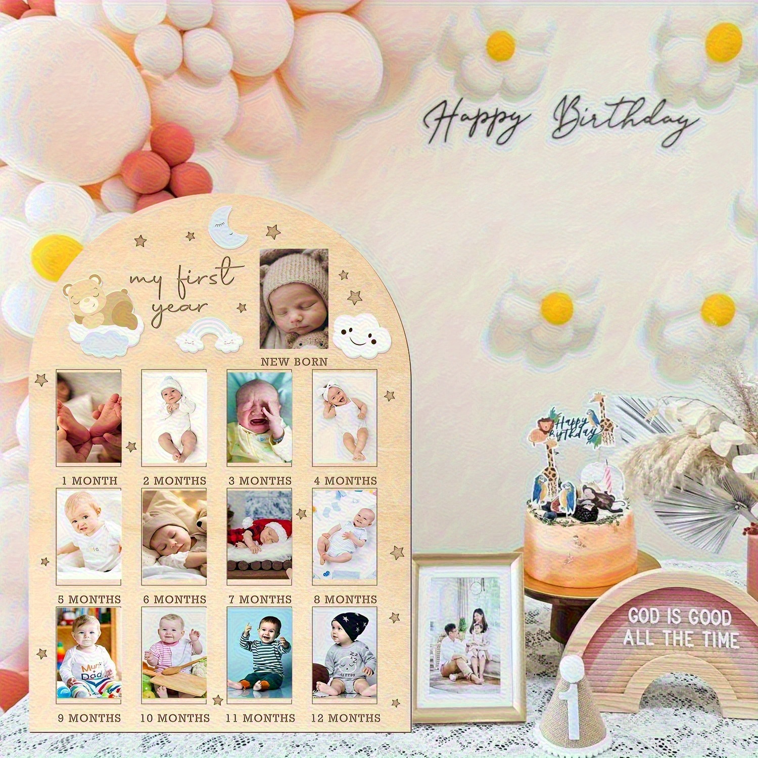 First Year Photo Board with Bear, Rainbow, and Cloud Design