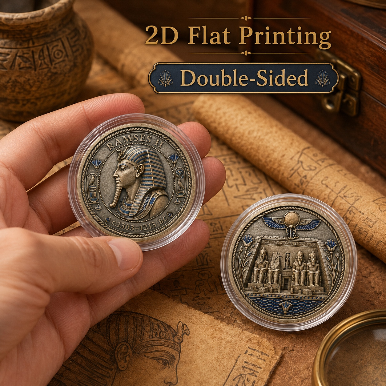 TEMU Replica Coin 1pc, 2d Flat Printing, Double-sided Metal Commemorative Coin, Pyramid & Sun Disc Historical Challenge Coin & Decorative Decision
