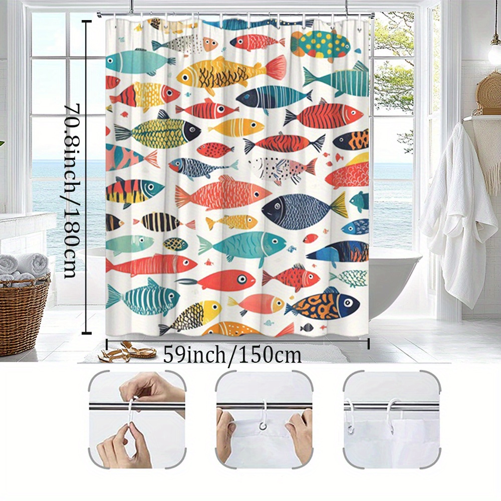 TEMU 1 rideau de douche ludique et coloré avec des poissons nageant en circulaire, et contrastées, décoration de salle de bain pour rideau de