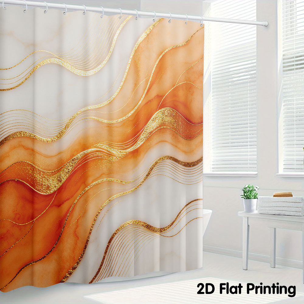 TEMU 1pc 2d Flat Orange Gold-patterned Wave-printed Shower Curtain, Including 12 Hooks, Suitable For Windows, Walls, Bathtubs, Bathrooms, And Home