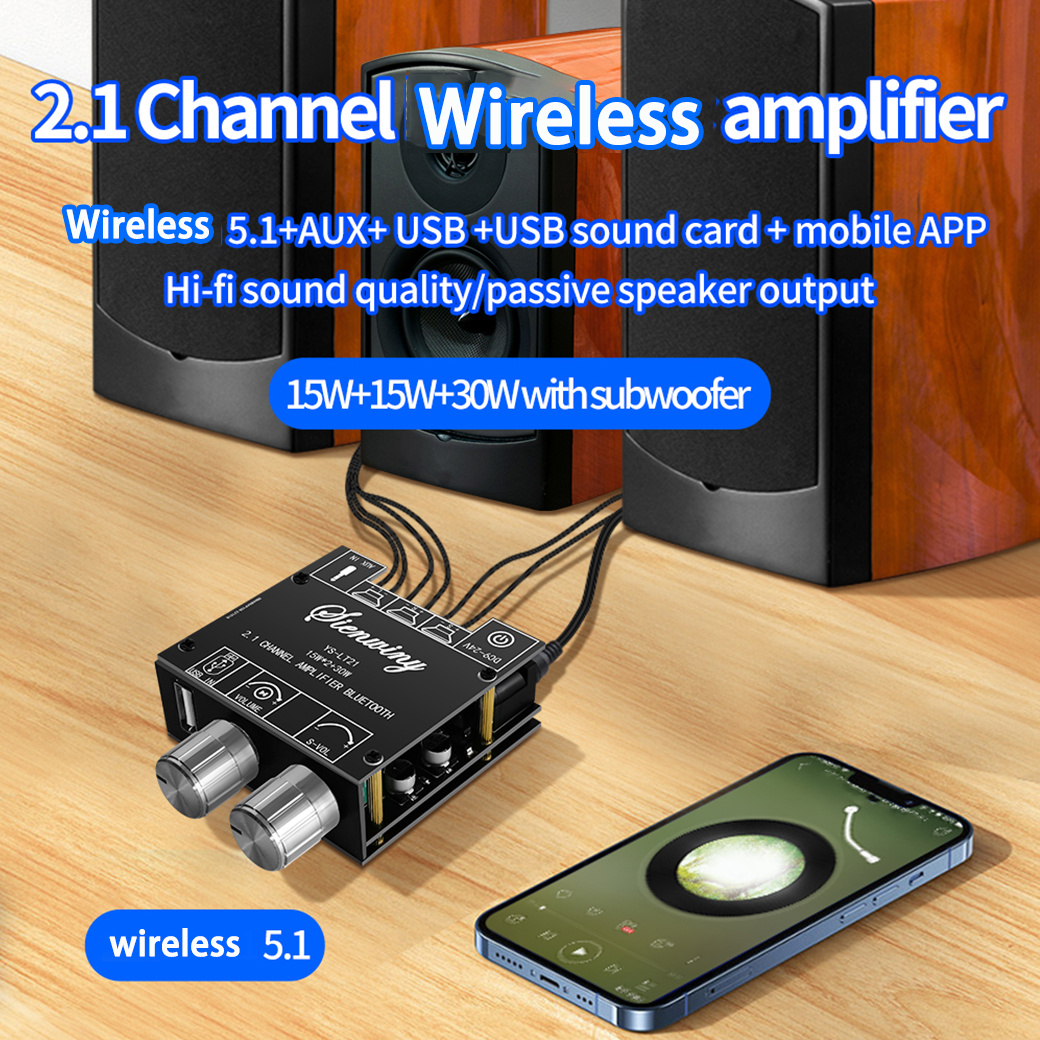 2 1 channel wireless amplifier wireless 5 1 aux usb usb sound card mobile app hi fi   passive speakeroutput 15w 15w 30w with subwoofer 0